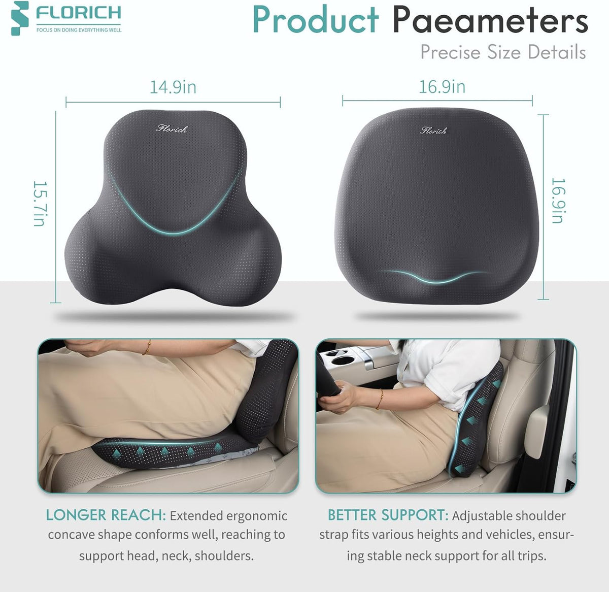 FLORICH Car Seat Cushion and Lumbar Support Pillow for Office Chair Car, Ergonomic Memory Foam, Relieves Back Sciatica Pain, Pressure-Relieving Back Support for Car, Office Chair & Wheelchair – Gray