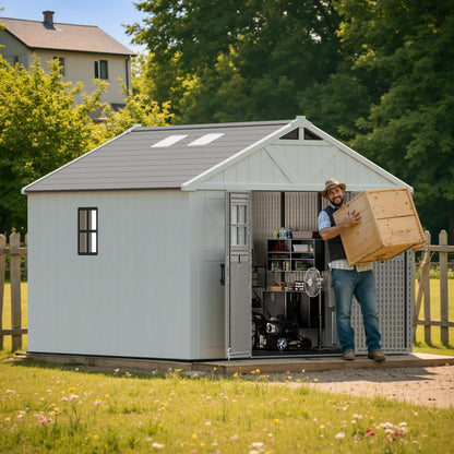 Patiowell 10x10 FT Outdoor Storage Shed, Plastic Shed with Floor and Skylight, Four-Window Resin Storage Shed with Lockable Door for Garden, Patio, Backyard, Beige