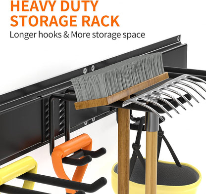 Garage Tool Organizer Wall Mount, Yard Garden Tool Organizer, Adjustable Tool Storage Rack with 4 Heavy Duty Steel Hooks, Max Load 200lbs Garage Organization, Black