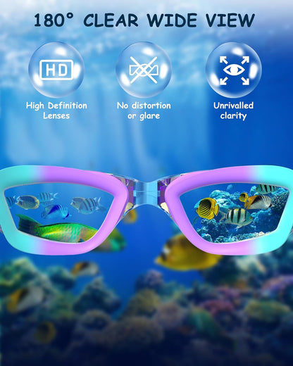 Kids Swim Goggles, Swimming Goggles for Kids Toddlers 3-14 with Swim Cap, Nose Clip, Nose Bridge, Ear Plugs