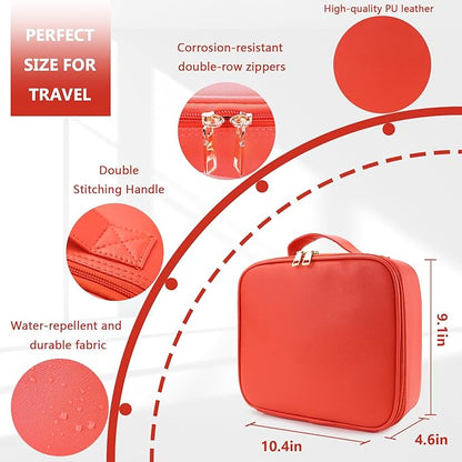 Travel Makeup Bag for Makeup Artists Large Makeup Case,with Mirror 3 Color Setting and Detachable 10x Magnifying Mirror Travel Makeup Bag,Portable Storage and Adjustable Dividers（red）