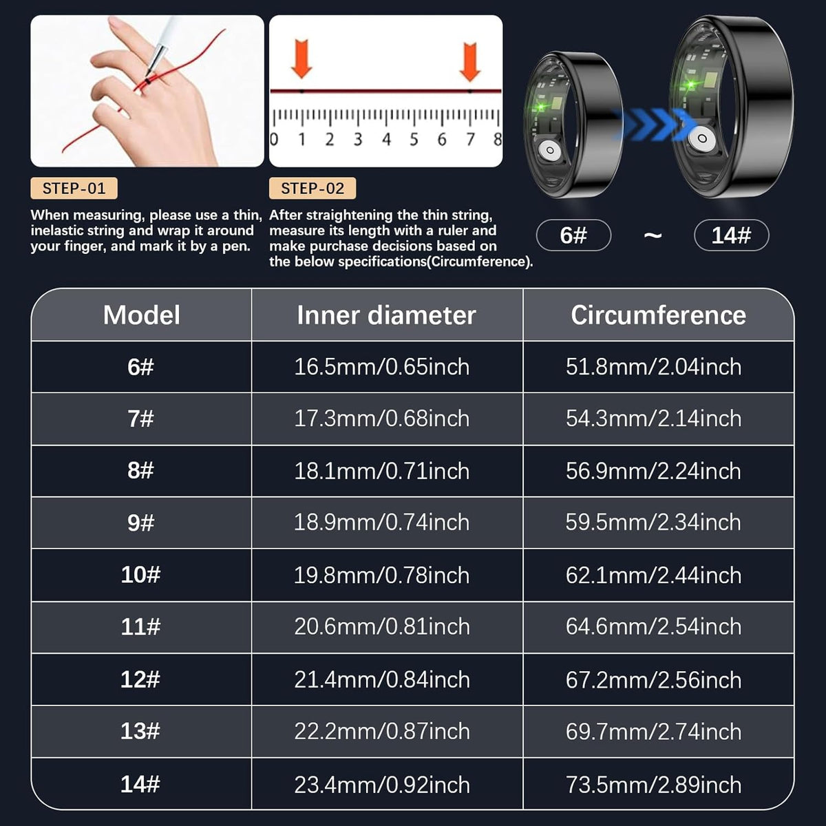 Health Tracker Ring, Smart Health Ring for Women Men with Heart Rate, Blood Oxygen, Sleep Monitor, Steps,Calories, No Subscription Fee, IP68 Waterproof Smart Ring for iPhone & Android (Black, 8#)