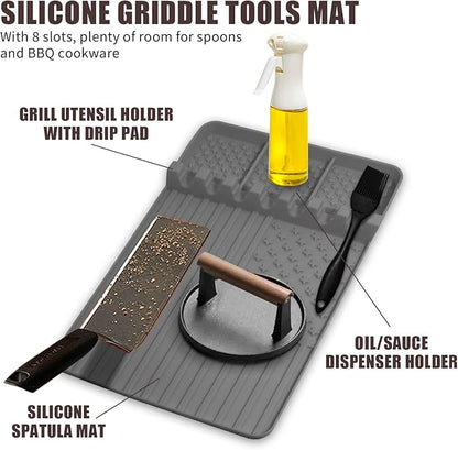 2 PCS Silicone Griddle Tools Mat for Blackstone,Grill BBQ Caddy Utensils Holder for Kitchen,Cooking & Countertop,Large Spatula Mat with Drip Pad,Griddle Accessories for Blackstone (Grey-2)