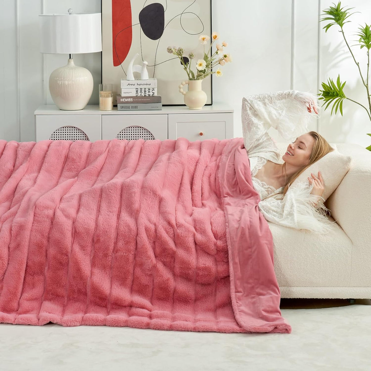 Cozy Bliss Faux Fur Throw Blanket for Couch, Cozy Warm Plush Striped Blanket for Sofa Bedroom Living Room, 90 * 90 Inches Hot Pink