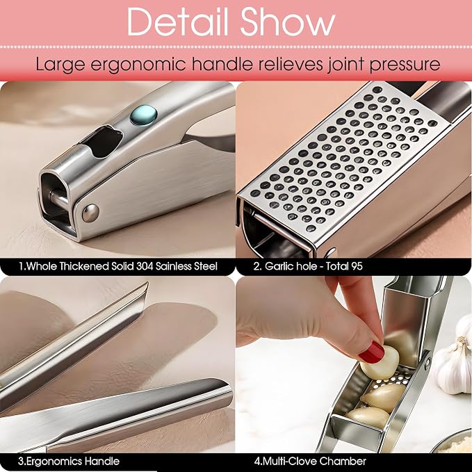 Garlic Press Heavy Duty Mincer and Peeler Set, Rust Proof 304 Stainless Steel Garlic Crusher, Easy-Squeeze Nut Ginger Chopper, Dishwasher Safe Kitchen Gadget