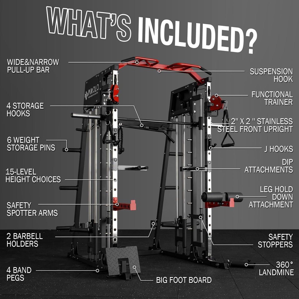 Mikolo Smith Machine, 2200lbs Squat Rack with LAT-Pull Down System & Cable Crossover Machine, Training Equipment with Leg Hold-Down Attachment