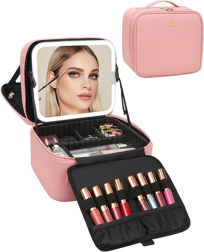Relavel Makeup Bag with LED Mirror, Travel Makeup Case with Rechargeable Lighted Mirror 3 Color Lights, Dual Layer Cosmetic Box Makeup Brush Lipstick Holder Organizer for Women, Leather Pink