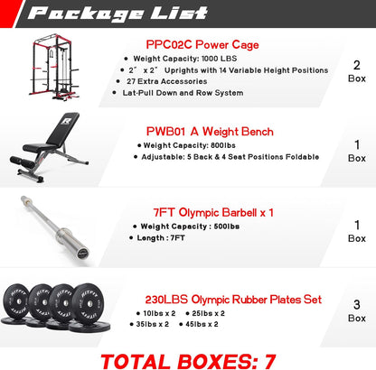 RitFit All-in-One Squat Rack for Home Gym, PPC02C Multi-Function 1000 LBS Capacity Power Cage with LAT Pulldown, Pulley System, Dip Bar, Landmine & More Power Rack Attachments, Package