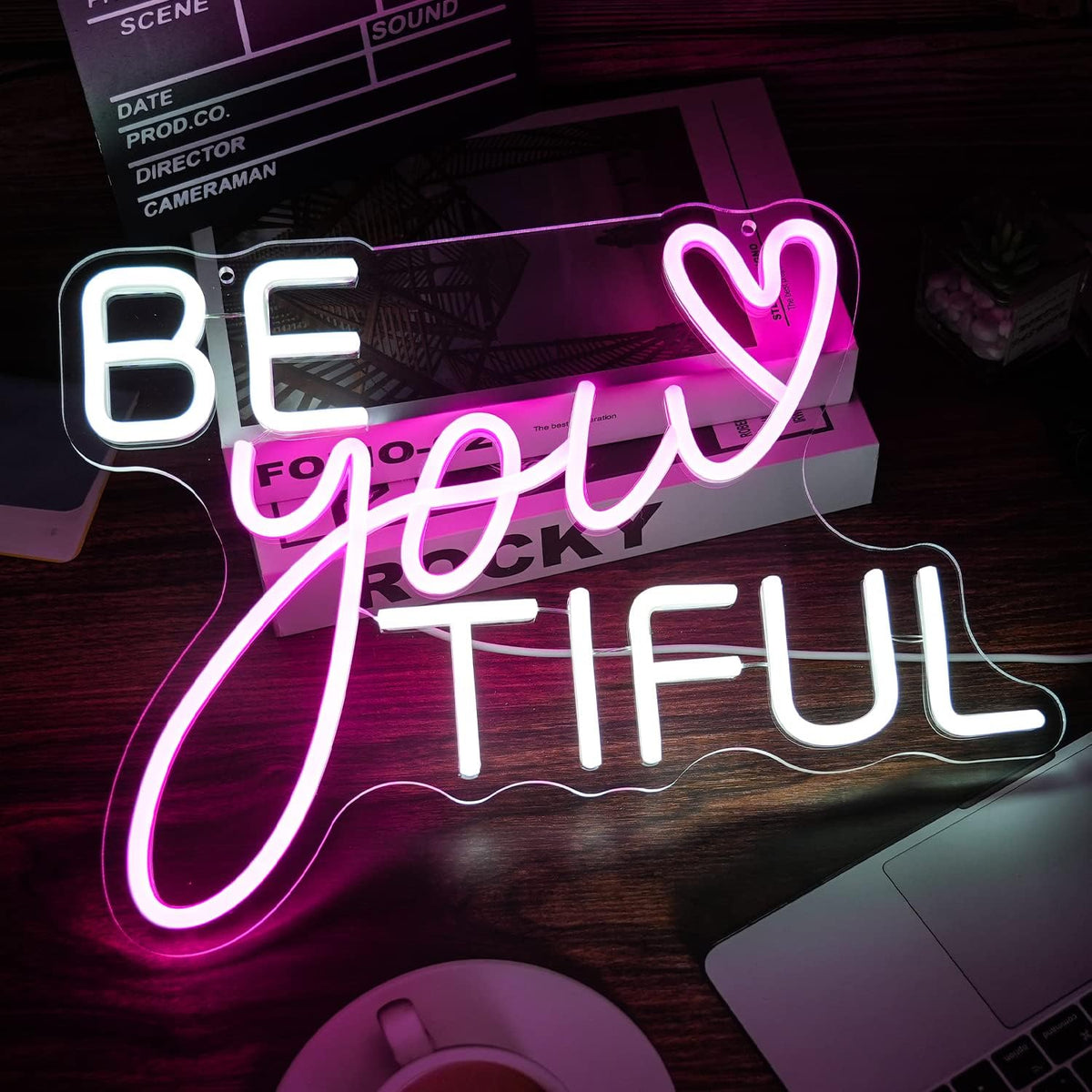Be Your Tiful Neon Sign Dimmable Letter Neon Signs White Pink Wall Decorative Lights Powered USB with Switch for Bedroom Kid Room Shop Apartment Birthday Party Wedding （15.7’’X11.8’’）