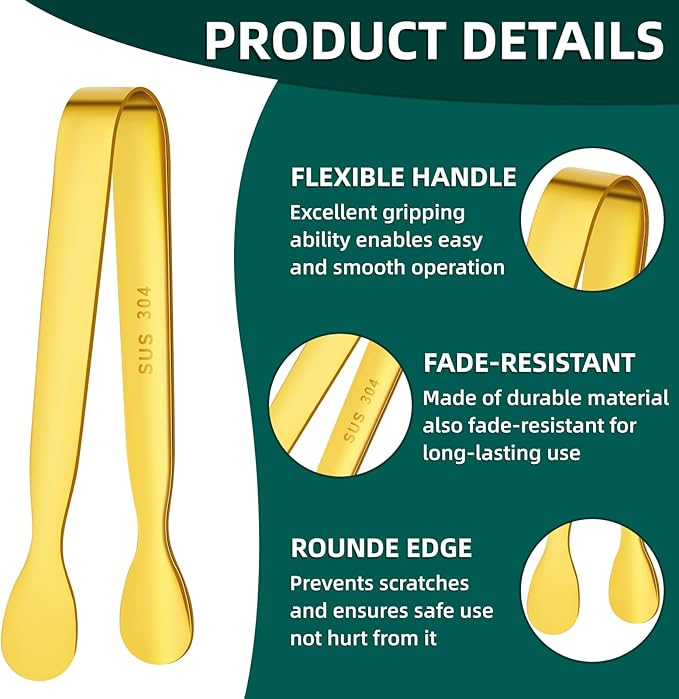 BEWOS 12Pcs Mini Serving Tongs - 4.3 Inch 304 Stainless Steel Ice Tongs, Gold Serving Tongs for Charcuterie Boards Accessories Serving, Coffee Bar, Tea Party, Desserts Banquet and Ice Bucket