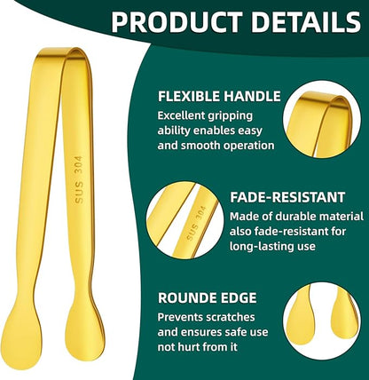 BEWOS 12Pcs Mini Serving Tongs - 4.3 Inch 304 Stainless Steel Ice Tongs, Gold Serving Tongs for Charcuterie Boards Accessories Serving, Coffee Bar, Tea Party, Desserts Banquet and Ice Bucket