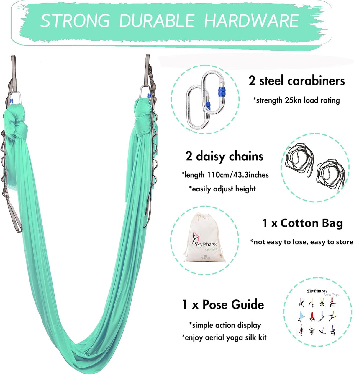 5.5 Yards Aerial Silks Yoga Swing Set - Aerial Yoga Hammock Kit Anti-Gravity Flying for Fitness, Low/Non Stretch Nylon Tricot Fabric Hardware Included for Dance