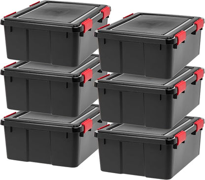 IRIS USA WeatherPro 31 Qt Storage Bins with Lids, 6 Pack, BPA-Free Plastic Gasket Box with Tight Latch and Seal, Stackable Nestable Tote Tub - Black/Red