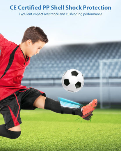 Shin Guards Soccer Kids Youth, CE Certified Airsfish Shin Guard Protection Gear for 2-18 Years Old Boys Girls Teenagers High Impact Resistant Breathable Comfortable 1 Pair 4 Sizes