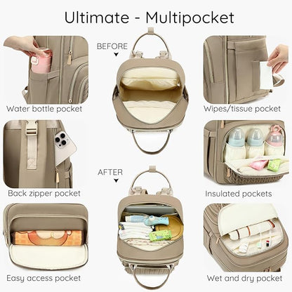 Diaper Bag Backpack - Large Multi functional, Boys, Girls & Baby Travel Essentials Tote with Changing Pad, Insulated Pockets, Stroller Straps, Waterproof - Diaper Bag for Mom & Maternity (Brown Taupe)