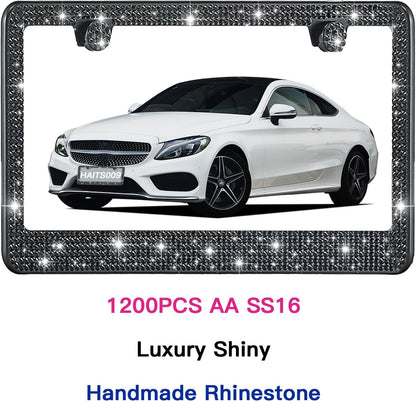 2 Pack License Plate Frames for Women, Sparkly Rhinestone Diamond Car Accessories with Glitter Crystal Caps (Black (2PCS))
