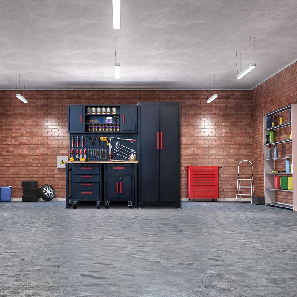 Red Garage Cabinet Storage System 6-Pcs Workshop Set Garage Cabinet and Storage System for Tool Organization