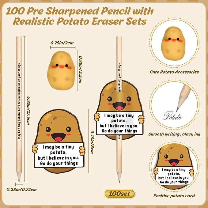 Jetec 100 Sets Inspirational Potato Pencil with Erasers and Thank You Card