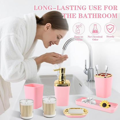 Pink Bathroom Accessories, 24 Pieces Pink and Gold Bathroom Accessories Set with Shower Curtain, Bath Towels, Trash Can, Soap Dispenser and Soap Dish for Bathroom/Housewarming