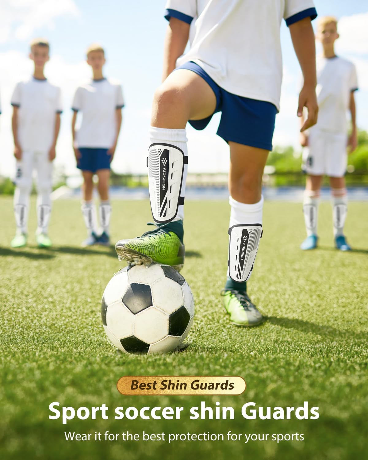 Shin Guards Soccer Kids Youth, CE Certified Airsfish Shin Guard Protection Gear for 2-18 Years Old Boys Girls Teenagers High Impact Resistant Breathable Comfortable 1 Pair 4 Sizes