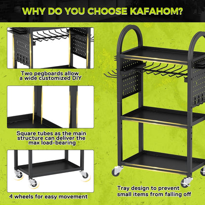 KAFAHOM Power Tool Organizer Cart with Charging Station,Garage Floor Rolling Storage on Wheels for Mechanic,Mobile 8 Drill Holder, Utility Cart with Battery Charging 8 Outlet Power Strip
