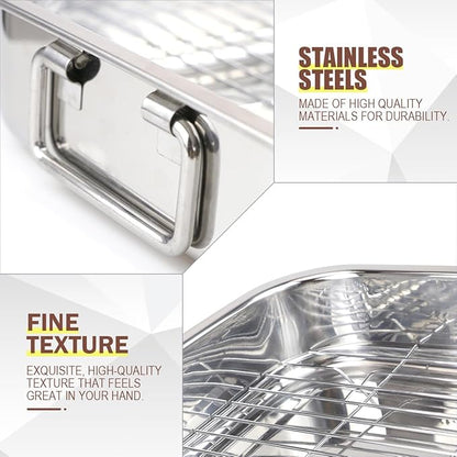 Stainless Steel Roasting Pan with Rack Rectangular Baking Pan BBQ Bakeware Quarter Sheet with Handles for Turkey Chicken Meat & Vegetables (36x26x6CM)