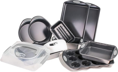 BergHOFF 11Pc Perfect Slice Bakeware Set, Covered Rectangle Cake Pan, Cookie Sheets, Muffin Pan, Loaf Pan, Round, Square and Rectangle Cake Pans, Slicer, Silver & Silver