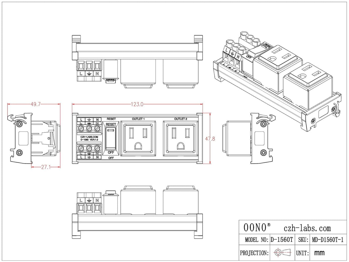 DIN Rail Mount AC 120V NEMA 5-15R Double Receptacles Outlet Power Strip Module, with Rocker Switch Thermal Circuit Breaker Overload Protector