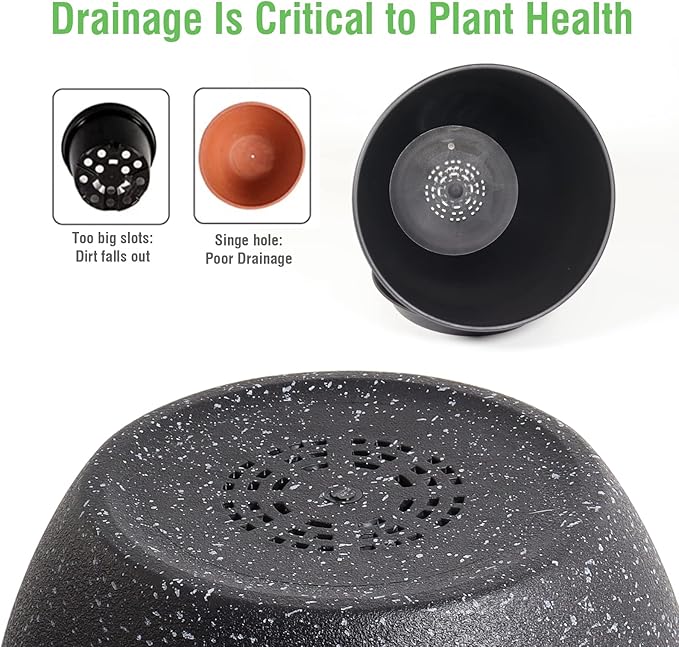 12/10/9 Large Modern Plant Pots, Plastic Planters with Drainage Holes and Saucers for Indoor Outdoor Plants Flowers, Black Speckles