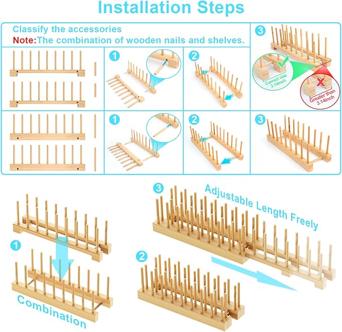 Bamboo Dish Rack - Expandable Plate Rack & Dish Drying Rack for Kitchen Cabinet Storage, Adjustable Multi-Functional Design Organizer for Plates, Bowls, Cups, Pots, Cutting Boards (Natural Bamboo)