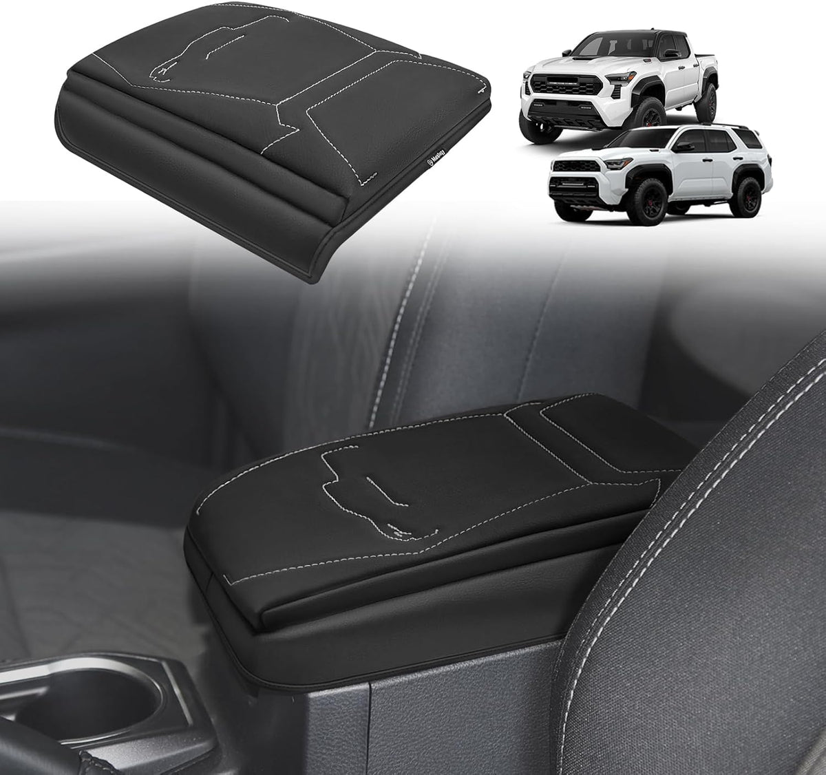 Muslogy Center Console Armrest Cover Compatible with 2024+ Toyota Tacoma 2025+ 4Runner Accessories Armrest Lid Protector Vegan Leather Cushion 1-Inch Extra Thick(Black/Gray Stitching)