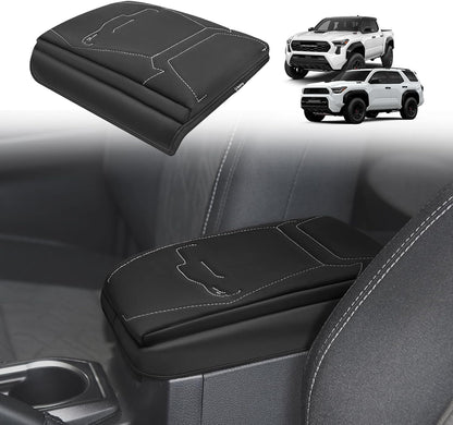 Muslogy Center Console Armrest Cover Compatible with 2024+ Toyota Tacoma 2025+ 4Runner Accessories Armrest Lid Protector Vegan Leather Cushion 1-Inch Extra Thick(Black/Gray Stitching)
