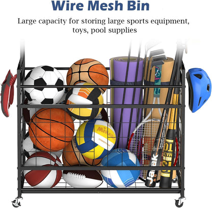 smusei Sports Equipment Organizer Garage Basketball Ball Holder for Sports Gear and Toys Garage Ball Storage Rack Cart with Wheels and Hooks for Volleyball Football Basketball, Indoor/Outdoor, Black