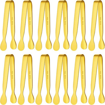 BEWOS 12Pcs Mini Serving Tongs - 4.3 Inch 304 Stainless Steel Ice Tongs, Gold Serving Tongs for Charcuterie Boards Accessories Serving, Coffee Bar, Tea Party, Desserts Banquet and Ice Bucket