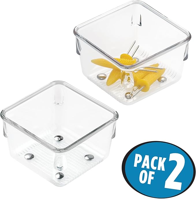 iDesign Linus Plastic Drawer Organizer, Storage Container for Vanity, Bathroom, Kitchen Drawers, 3" x 3" x 2", Set of 2, Clear