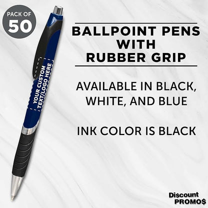 DISCOUNT PROMOS Ballpoint Pens With Rubber Grip - 50 pack - Customizable Text, Logo - Black Ink Ball Point Pen with Soft Touch Plastic - Navy Blue