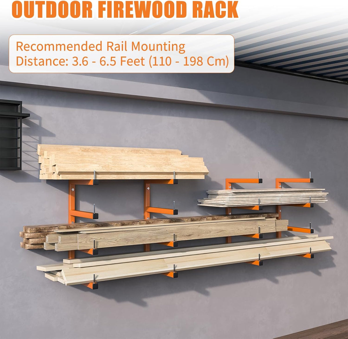 4-Pack Lumber Storage Rack, Wood Storage Racks Wall Mount, Heavy Duty Garage Wood Organizer With 8-Level System, Orange Utility Rack Organization Up 1600 Lbs, Metal Lumber Shelf for Indoor & Outdoor