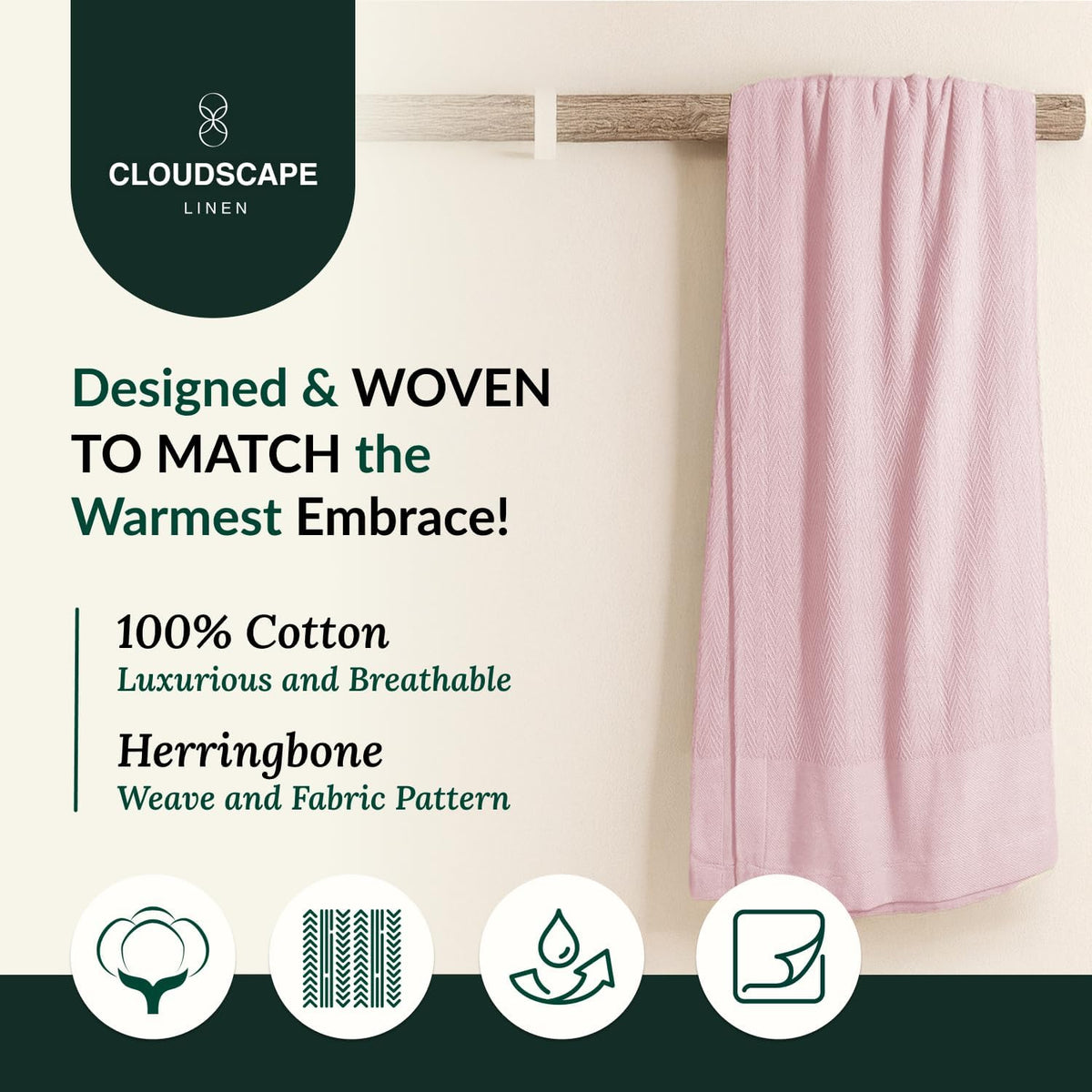 Cloud Scape Linen 100% Cotton Blanket King Size for Bed – Lightweight Summer Blanket, Herringbone Weave,fits California King Size Bed, 92x108,Seashell Pink