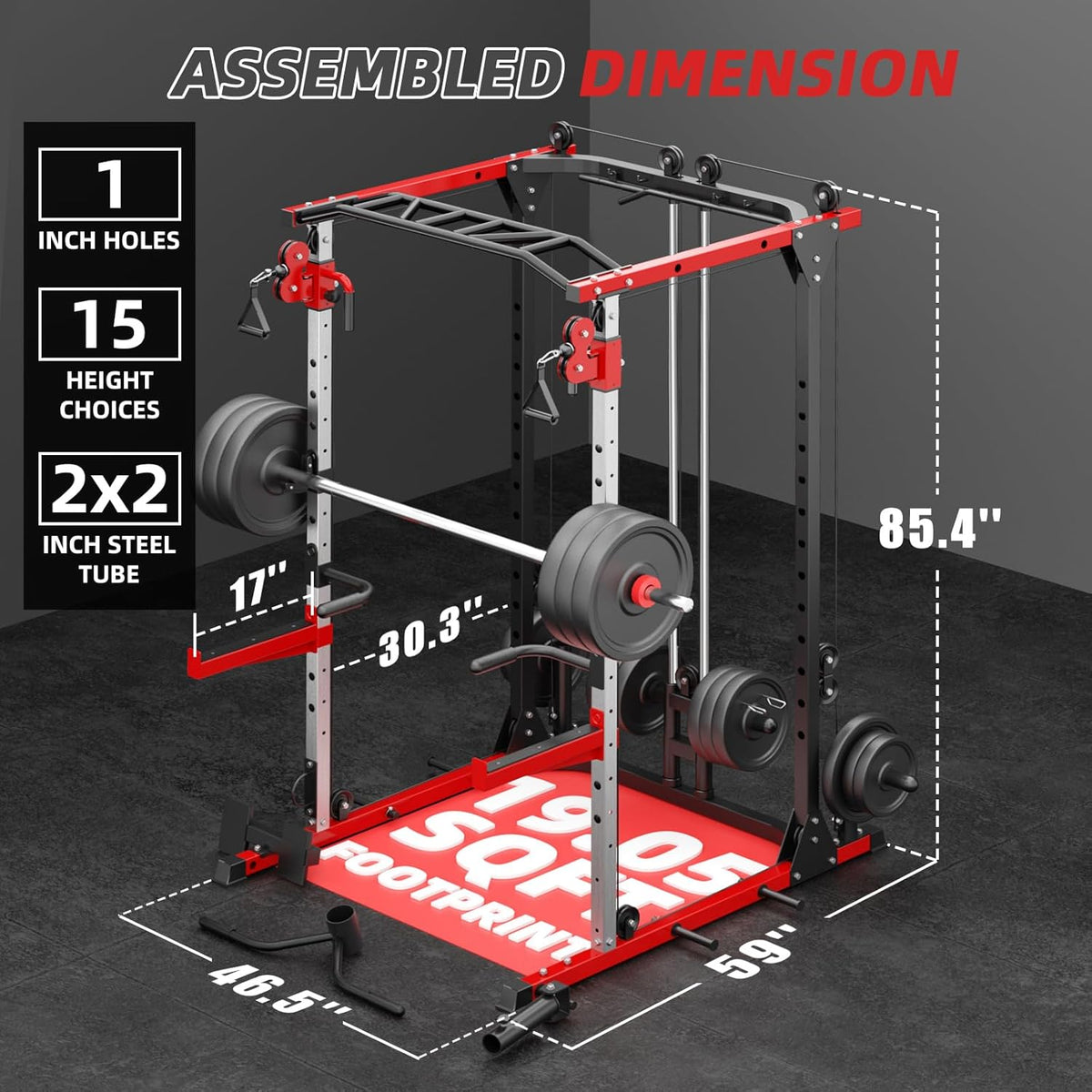 Smith Machine, Power Rack with LAT Pulldown System, Power Cage with Cable System, Squat Rack for Home Gym with Chest Press Machine, Spotter Arms, Leg Curl Attachment and More