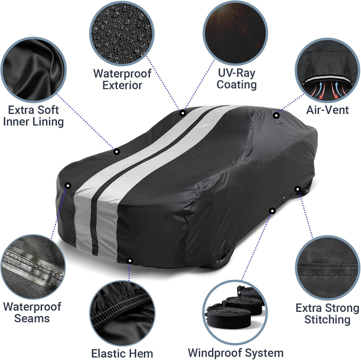 iCarCover Custom Car Cover for Chevy Malibu Wagon (1973-1977) Waterproof All Weather Rain Snow UV Sun Protector Full Exterior Indoor Outdoor Car Cover (Stripe - Black/Gray)
