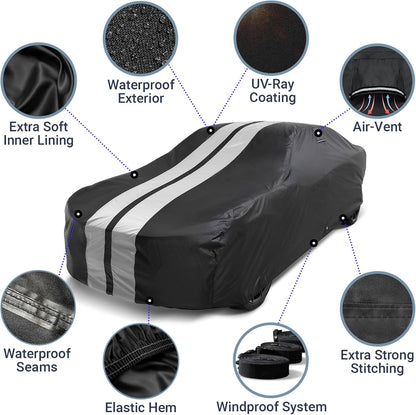 iCarCover Custom Car Cover for Chevy Malibu Wagon (1973-1977) Waterproof All Weather Rain Snow UV Sun Protector Full Exterior Indoor Outdoor Car Cover (Stripe - Black/Gray)
