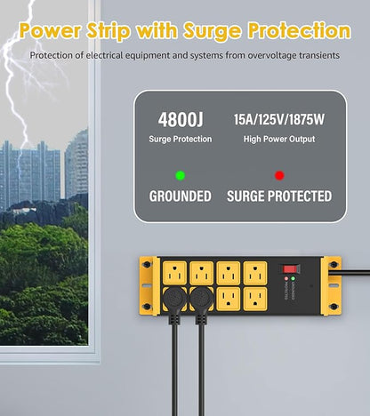 HHSOET 2 Pack Heavy Duty Power Strip 8 Outlets, Metal Wall Mount Outlet Strip 4800J Surge Protector, Garage Shop Under Desk Mountable 5FT Extension Cord Plug.