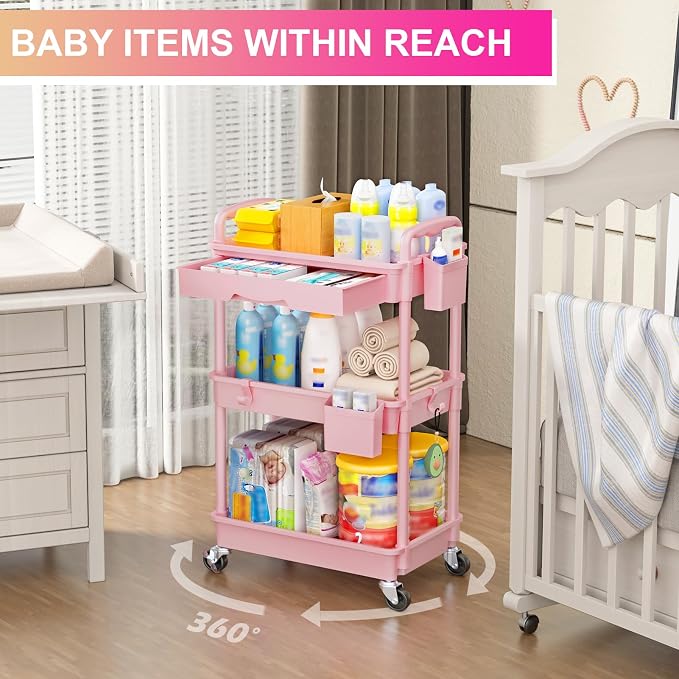 Goovilla 3 Tier Rolling Utility Cart Organizer with Removable Drawer, Stable and Sturdy Pink Rolling Storage Carts with 2 Lockable Wheels for Bathroom, Kitchen, Snack, Craft, Makeup, Baby Essentials