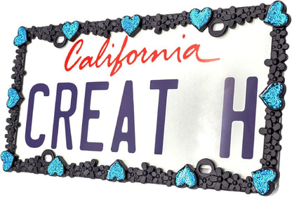 Creathome 3D Shining Daisy Heart License Plate Frame from Pure Zinc Alloy Metal Perfect Plate Holder, Matt Black with Blue Glitter, Luminously Heart