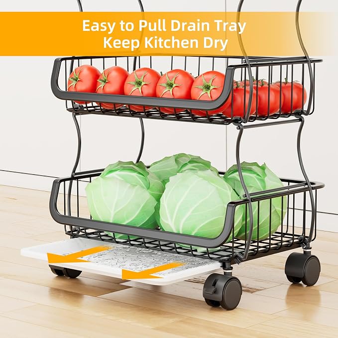 Simple Trending 6 Tier Rolling Cart, Stackable Fruit Vegetable Basket with Wheels and 2 Hanging Basket, Kitchen Storage Metal Wire Basket Stand for Vegetable Bread Snacks, Black
