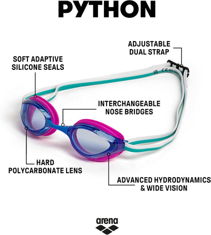 ARENA Unisex Python Racing Swim Goggles for Men and Women Anti-Fog No Leak Max Comfort Dual Strap, Mirror/Non-Mirror Lens