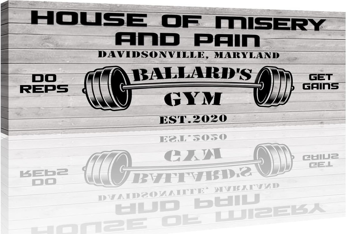 Tailored Canvases Personalized Gym Sign Wall Art Decor - Motivational Canvas for Home Gym, Workout Room, Garage, Fitness Center - Workout Inspirational Posters - House of Misery and Pain, White Wood 36x12in