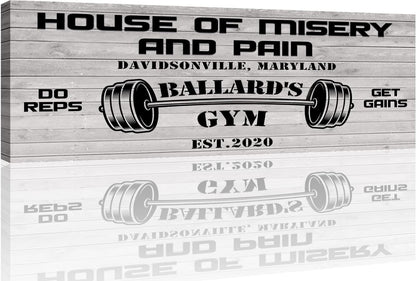 Tailored Canvases Personalized Gym Sign Wall Art Decor - Motivational Canvas for Home Gym, Workout Room, Garage, Fitness Center - Workout Inspirational Posters - House of Misery and Pain, White Wood 36x12in