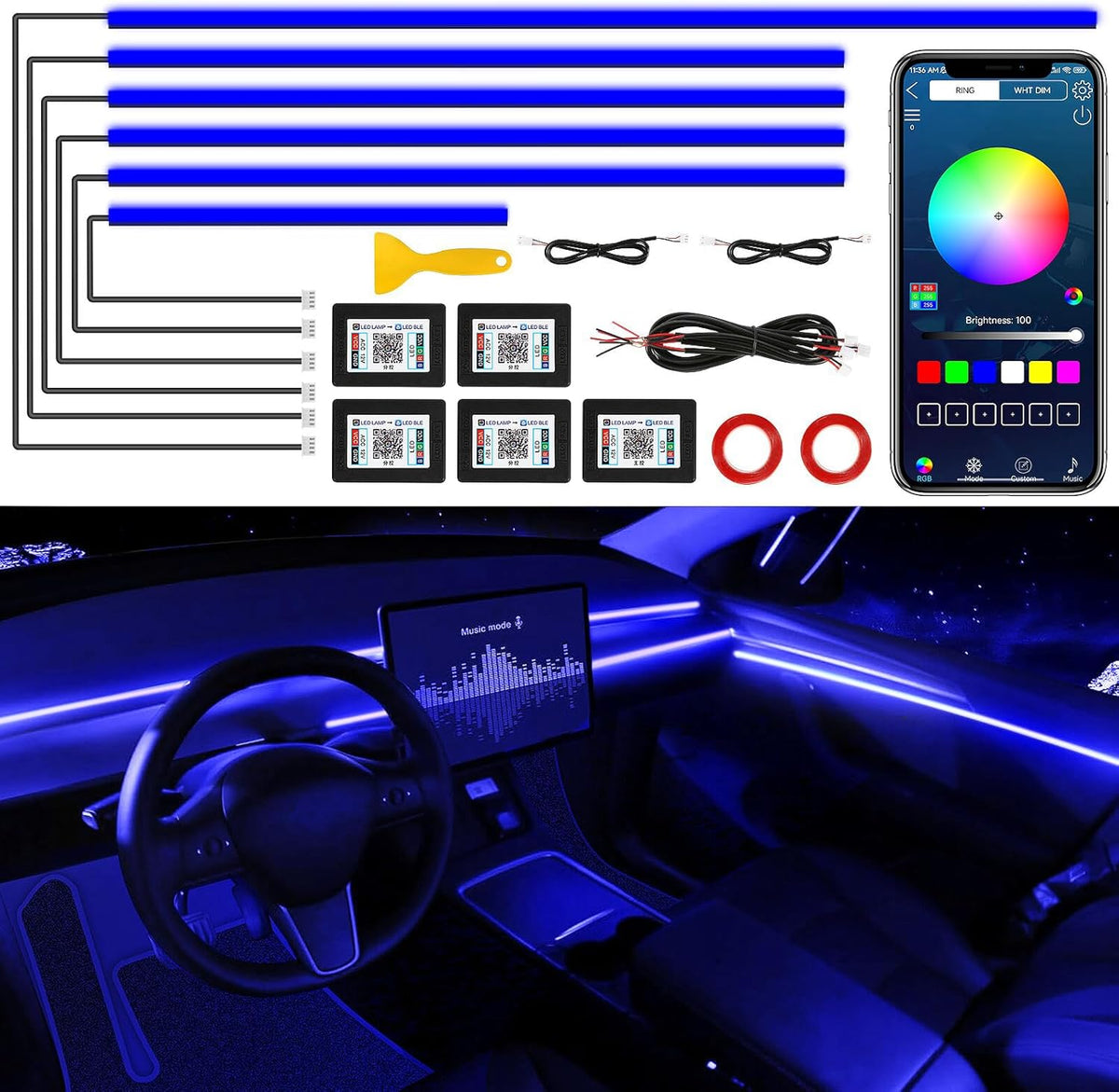 Acrylic Interior Car LED Strip Light with Wireless APP, Car Accessories 6 in 1 with 175 inches 593 LEDs Fiber Optic Ambient Lighting Kits, RGB Dynamic Music Sync Neon LED Strip Light for Car