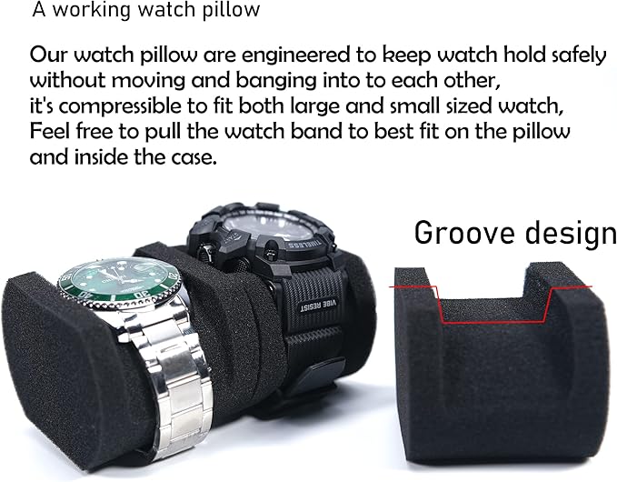2 slot Hard Watch Travel Case, Watch Roll Case Storage and Organizer for Men and Women, with anti-move watch pillow (Black fabric 2 slot)